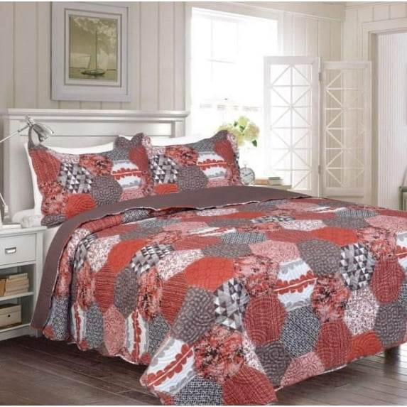 SONIC RHOMBUSES BRICK COLOR REVERSIBLE BEDSPREAD QUILTED SET 3 PCS KING SIZE