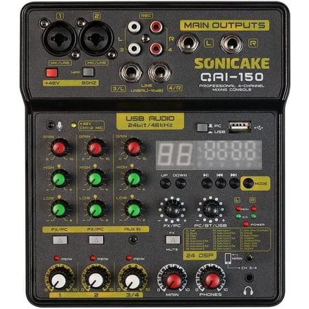 SONICAKE 4 Channel Mixing Console Professional Audio Mixer with Sound Card USB Bluetooth and Built-in 48V Phantom Power for Home Music Production, Webcast, K Song