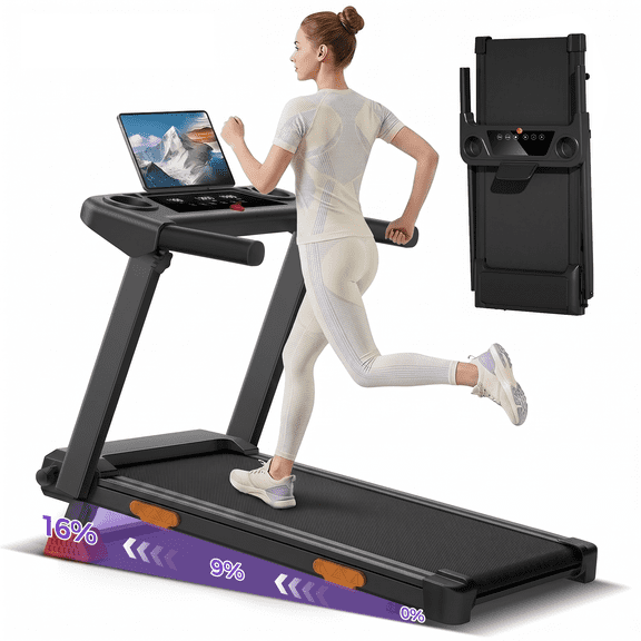 SONITU 16% Incline Folding Treadmill for Home, 3.0HP Quiet Motor, 300 lbs Capacity, 7-Layer Cushioning, 3 LED Displays with Handrails