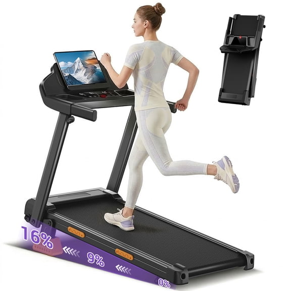 SONITU 16% Incline Folding Treadmill for Home, 3.0HP Quiet Motor, 300 lbs Capacity, 7-Layer Cushioning, 3 LED Displays with Handrails
