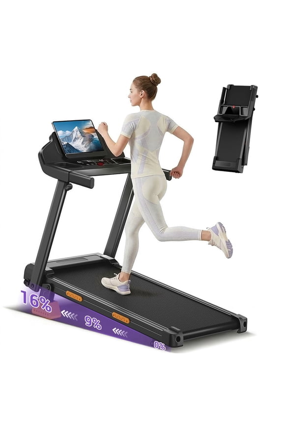 16% Incline Folding Treadmill for Home, 3.0HP Quiet Motor, 300 lbs Capacity, 7-Layer Cushioning, 3 LED Displays with Handrails