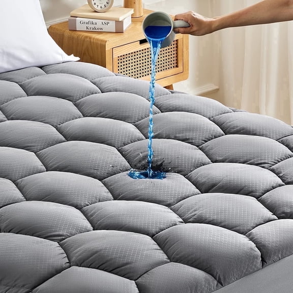 Sonive Mattress Pad Waterproof Ultra Fluffy Soft Breathable Noiseless Quilted Fitted Mattress Protector Premuim Alternative Filling Topper Deep Pocket up to 21" (Grey, Cal King)