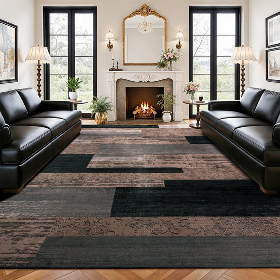SONORO KATE 10'x12' Area Rugs for Living Room, Machine Washable Industrial Vintage Non Slip Soft Indoor Area Carpet, Black/Brown