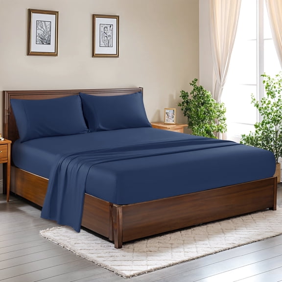SONORO KATE 100% Cotton Bed Sheets Set, 1000 Thread Count 4 Piece Luxury Soft Sheets Set with 16" Deep Pocket, California King, Navy Blue
