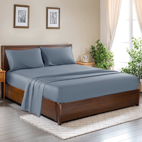 SONORO KATE 100% Cotton Bed Sheets Set, 1000 Thread Count 4 Piece Luxury Soft Sheets Set with 16" Deep Pocket, Full, Gray-Blue