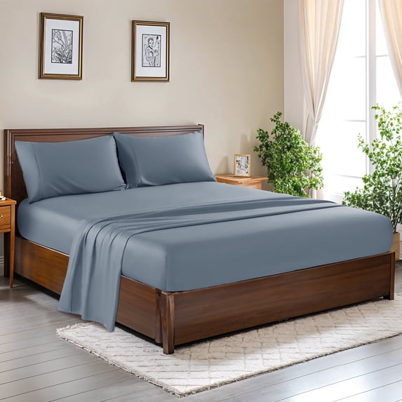 SONORO KATE 100% Cotton Bed Sheets Set, 1000 Thread Count 4 Piece Luxury Soft Sheets Set with 16" Deep Pocket, Full, Gray-Blue