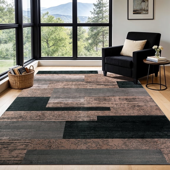 SONORO KATE 3'x5' Area Rugs for Living Room, Machine Washable Industrial Vintage Non Slip Soft Indoor Area Carpet, Black/Brown