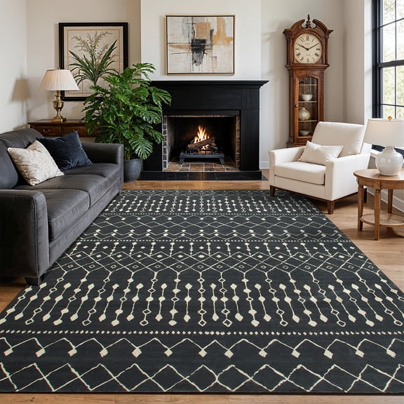 SONORO KATE 5'×7' Washable Area Rug for Living Room, Moroccan Non-Slip Soft Carpet for Bedroom Dining Room Office, Carbonblack