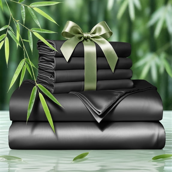 SONORO KATE 6 Pieces Bamboo Bed Sheets Set, Luxury Rayon Derived - Deep Pockets - Wrinkle Free - Extremely Soft, California King, Black