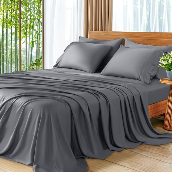 SONORO KATE 6 Pieces Bamboo Bed Sheets Set, Luxury Rayon Derived - Deep Pockets - Wrinkle Free - Extremely Soft, California King, Dark Gray