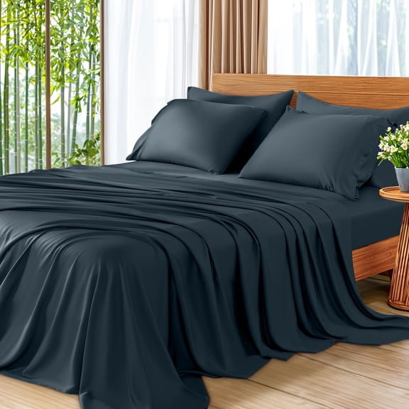 SONORO KATE 6 Pieces Bamboo Bed Sheets Set, Luxury Rayon Derived - Deep Pockets - Wrinkle Free - Extremely Soft, California King, Navy Blue