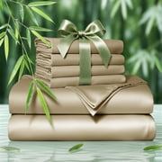 SONORO KATE 6 Pieces Bamboo Bed Sheets Set, Luxury Rayon Derived - Deep Pockets - Wrinkle Free - Extremely Soft, Full, Beige