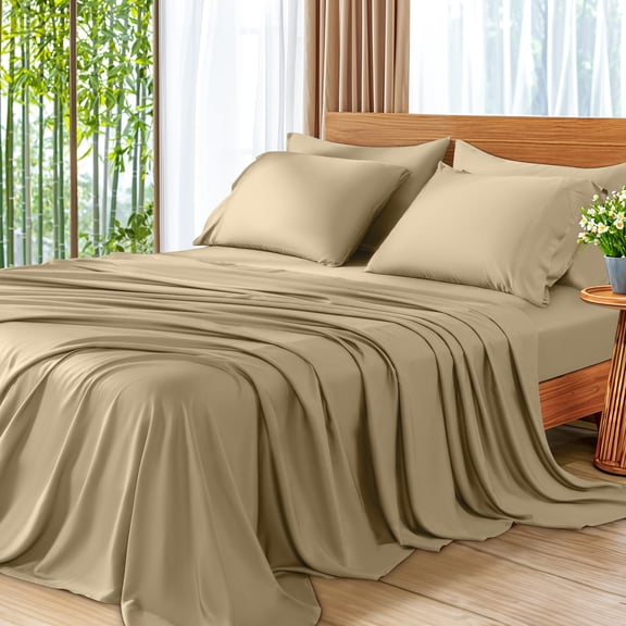 SONORO KATE 6 Pieces Bamboo Bed Sheets Set, Luxury Rayon Derived - Deep Pockets - Wrinkle Free - Extremely Soft, Full, Beige