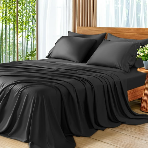 SONORO KATE 6 Pieces Bamboo Bed Sheets Set, Luxury Rayon Derived - Deep Pockets - Wrinkle Free - Extremely Soft, Full, Black