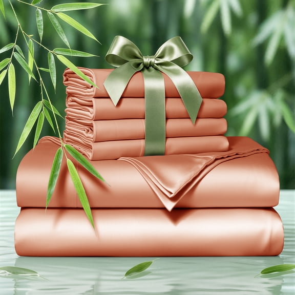 SONORO KATE 6 Pieces Bamboo Bed Sheets Set, Luxury Rayon Derived - Deep Pockets - Wrinkle Free - Extremely Soft, Full, Coral