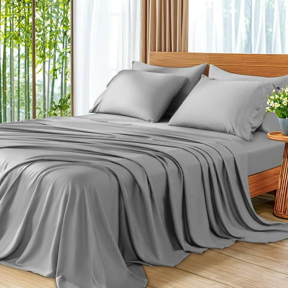 SONORO KATE 6 Pieces Bamboo Bed Sheets Set, Luxury Rayon Derived - Deep Pockets - Wrinkle Free - Extremely Soft, Full, Gray