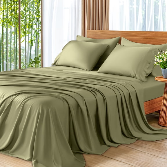 SONORO KATE 6 Pieces Bamboo Bed Sheets Set, Luxury Rayon Derived - Deep Pockets - Wrinkle Free - Extremely Soft, Full, Sage Green