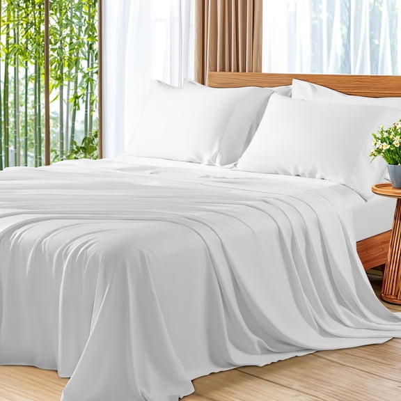 SONORO KATE 6 Pieces Bamboo Bed Sheets Set, Luxury Rayon Derived - Deep Pockets - Wrinkle Free - Extremely Soft, Full, White
