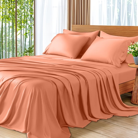 SONORO KATE 6 Pieces Bamboo Bed Sheets Set, Luxury Rayon Derived - Deep Pockets - Wrinkle Free - Extremely Soft, King, Coral
