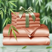 SONORO KATE 6 Pieces Bamboo Bed Sheets Set, Luxury Rayon Derived - Deep Pockets - Wrinkle Free - Extremely Soft, King, Coral