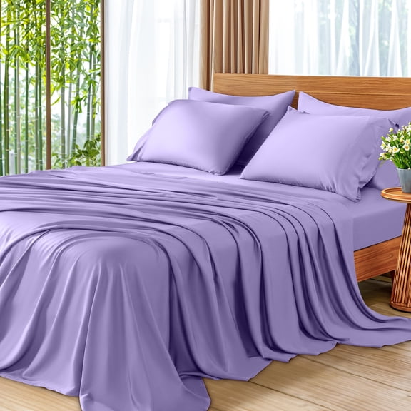 SONORO KATE 6 Pieces Bamboo Bed Sheets Set, Luxury Rayon Derived - Deep Pockets - Wrinkle Free - Extremely Soft, King, Lavender