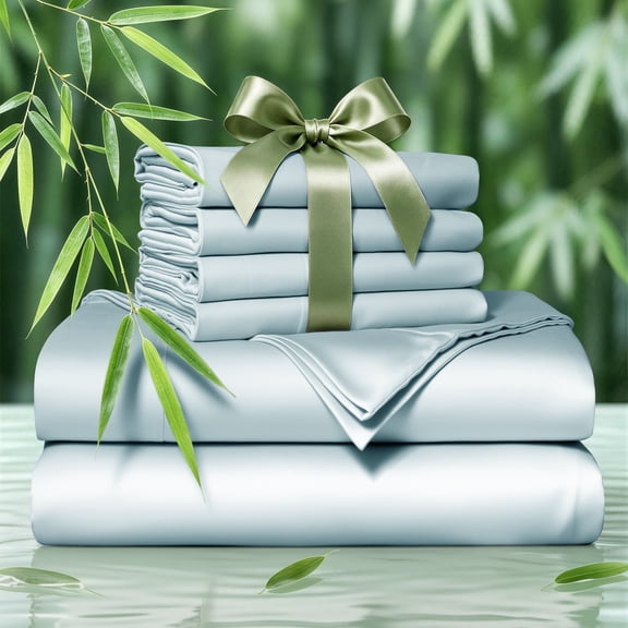 SONORO KATE 6 Pieces Bamboo Bed Sheets Set, Luxury Rayon Derived - Deep Pockets - Wrinkle Free - Extremely Soft, King, Spa Blue