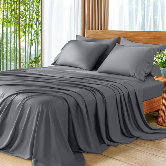 SONORO KATE 6 Pieces Bamboo Bed Sheets Set, Luxury Rayon Derived - Deep Pockets - Wrinkle Free - Extremely Soft, Queen, Dark Gray