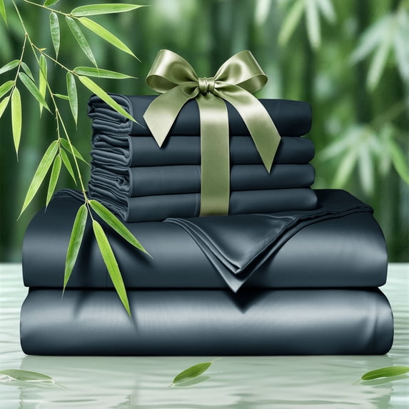 SONORO KATE 6 Pieces Bamboo Bed Sheets Set, Luxury Rayon Derived - Deep Pockets - Wrinkle Free - Extremely Soft, Queen, Navy Blue