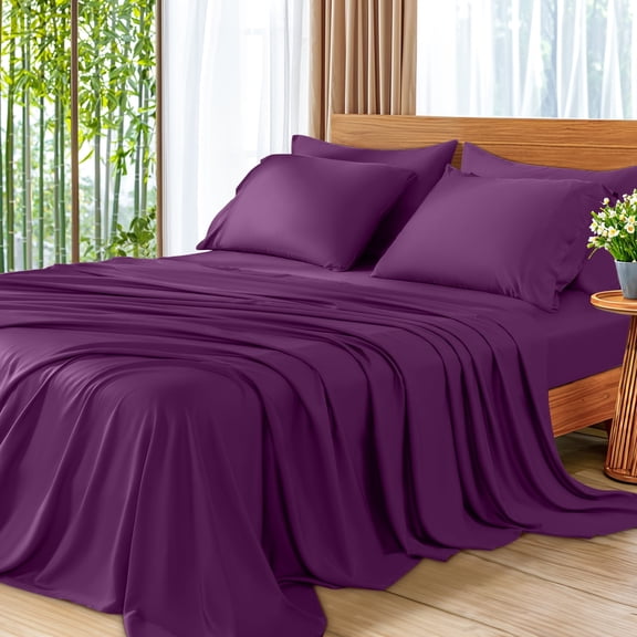 SONORO KATE 6 Pieces Bamboo Bed Sheets Set, Luxury Rayon Derived - Deep Pockets - Wrinkle Free - Extremely Soft, Queen, Purple