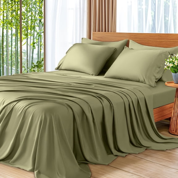 SONORO KATE 6 Pieces Bamboo Bed Sheets Set, Luxury Rayon Derived - Deep Pockets - Wrinkle Free - Extremely Soft, Queen, Sage Green