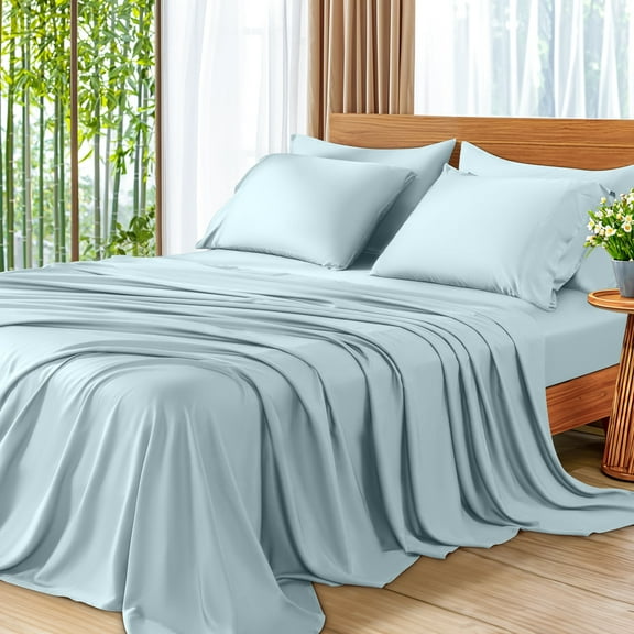 SONORO KATE 6 Pieces Bamboo Bed Sheets Set, Luxury Rayon Derived - Deep Pockets - Wrinkle Free - Extremely Soft, Queen, Spa Blue