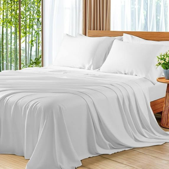 SONORO KATE 6 Pieces Bamboo Bed Sheets Set, Luxury Rayon Derived - Deep Pockets - Wrinkle Free - Extremely Soft, Queen, White