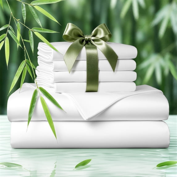 SONORO KATE 6 Pieces Bamboo Bed Sheets Set, Luxury Rayon Derived - Deep Pockets - Wrinkle Free - Extremely Soft, Queen, White