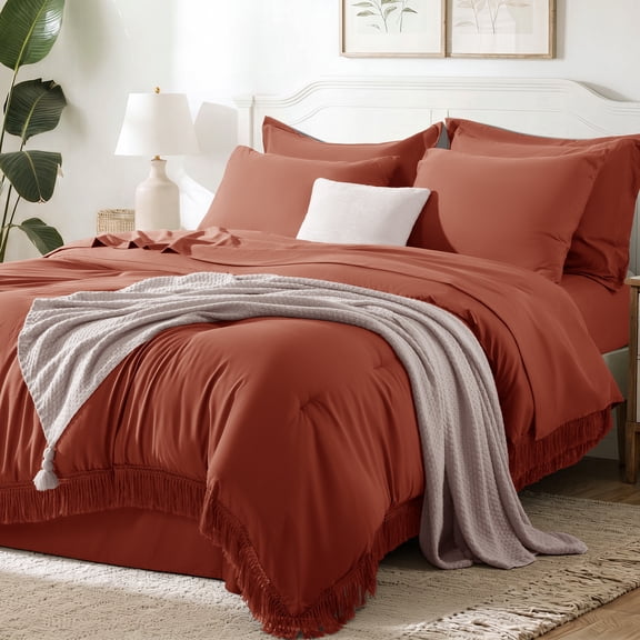 SONORO KATE 7 Pieces Full Comforter Set – Tassels Boho Bed in a Bag, All Season Bedding Set with 1 Fitted Sheet, 1 Flat Sheet, 2 Pillowcases & 2 Shams, Burnt Orange