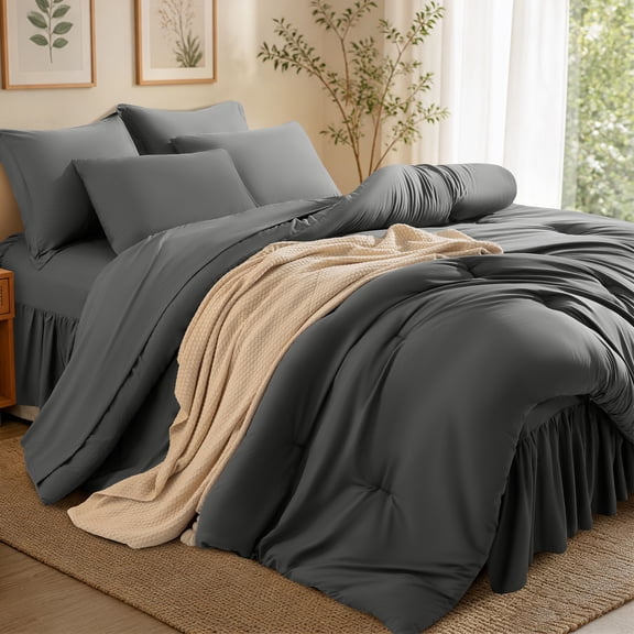 SONORO KATE 8-Piece Queen Comforter Set, All-Season Cozy Lightweight Bedding Sets with 1 Comforter, 1 Bed Skirt, 1 Flat Sheet, 1 Fitted Sheet, 2 Envelope Pillowcases & 2 Shams, Dark Gray