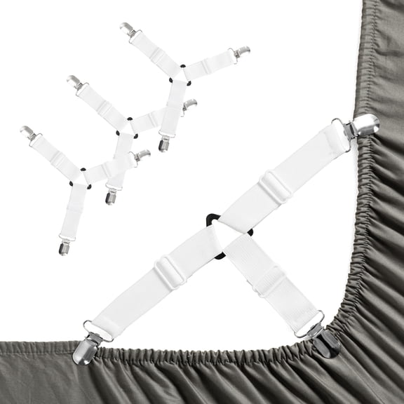 SONORO KATE Bed Sheet Straps for Corners, Non-Slip Adjustable Elastic Fasteners with Metal Clips, 4 Pack, White
