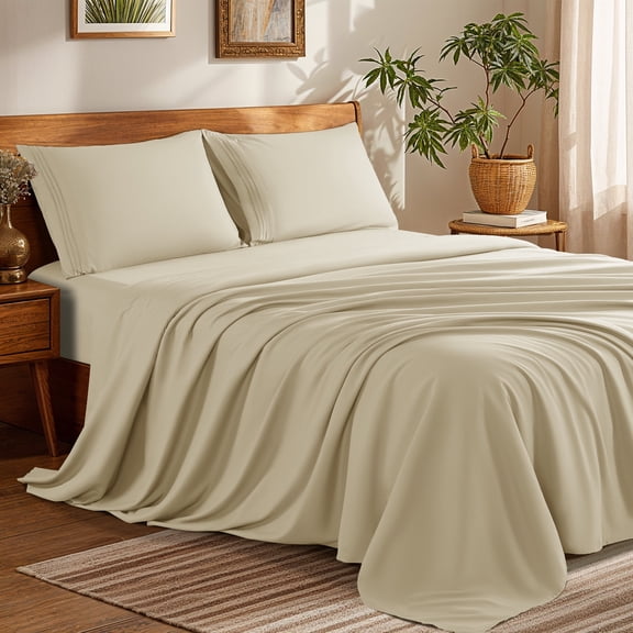 SONORO KATE Bed Sheets Set, 1800 Series Microfiber Deep Pocket 4 Pieces Luxury Soft Sheet Set, California King, Beige