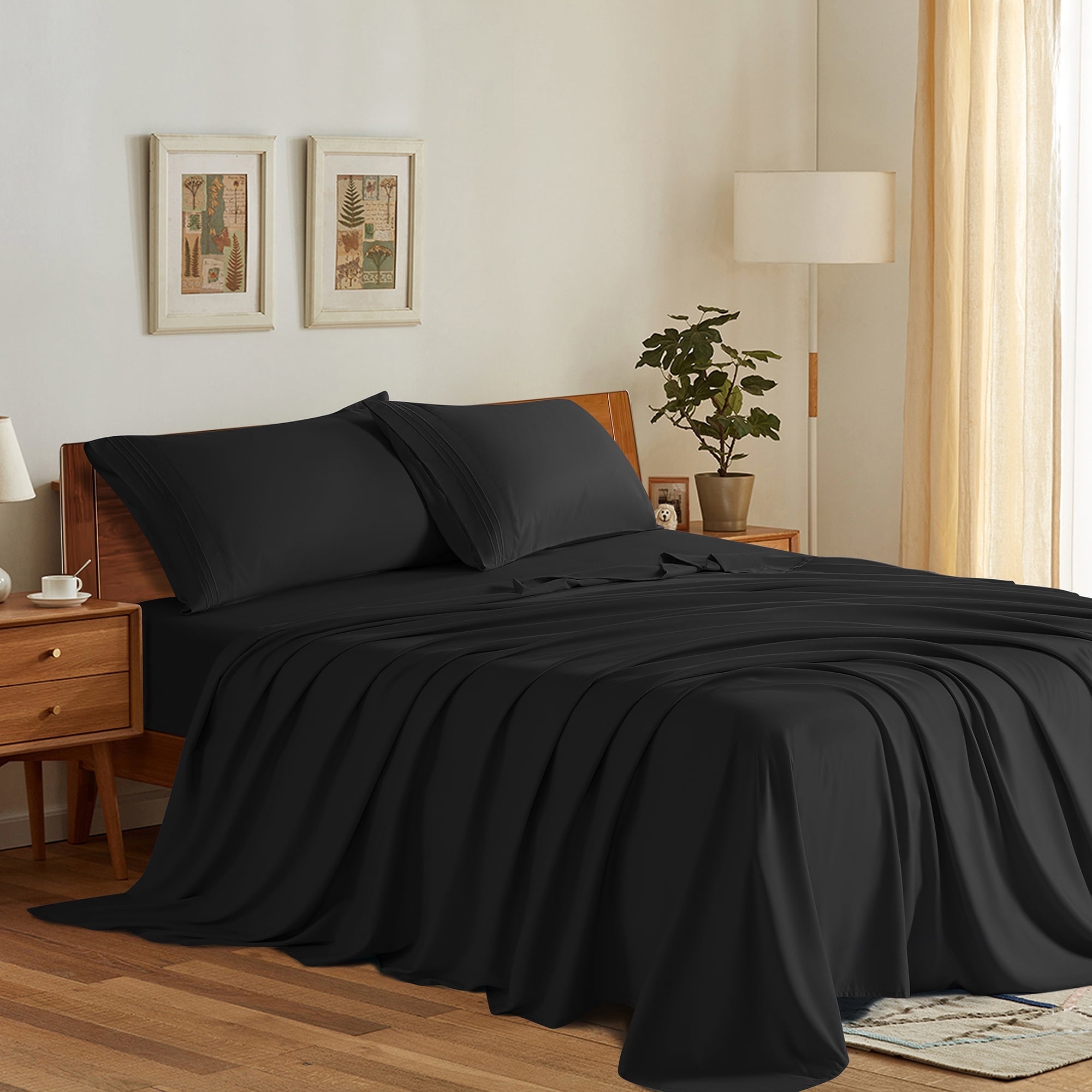 SONORO KATE Bed Sheets Set, 1800 Series Microfiber Deep Pocket 4 Pieces Luxury Soft Sheet Set, California King, Black - Walmart.com