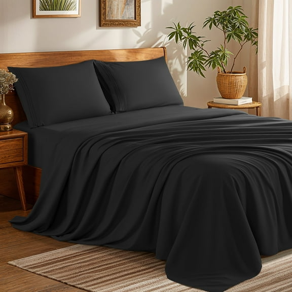 SONORO KATE Bed Sheets Set, 1800 Series Microfiber Deep Pocket 4 Pieces Luxury Soft Sheet Set, Full, Black