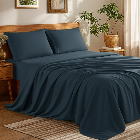 SONORO KATE Bed Sheets Set, 1800 Series Microfiber Deep Pocket 4 Pieces Luxury Soft Sheet Set, Full, Navy Blue