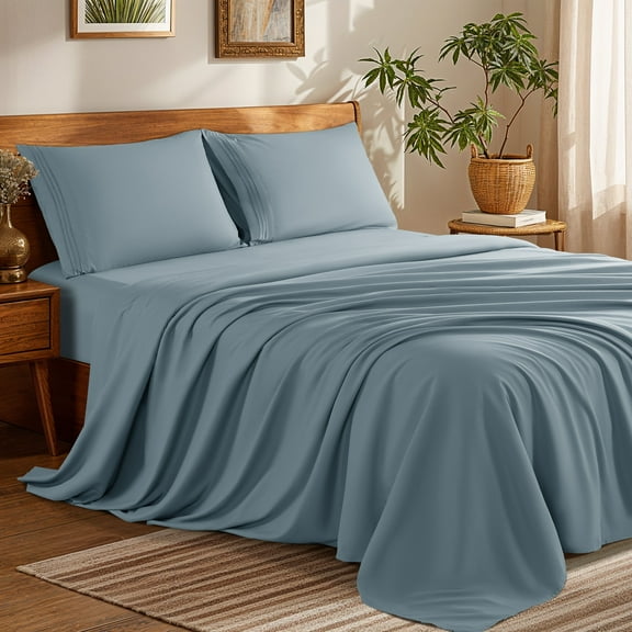 SONORO KATE Bed Sheets Set, 1800 Series Microfiber Deep Pocket 4 Pieces Luxury Soft Sheet Set, King, Gray Blue