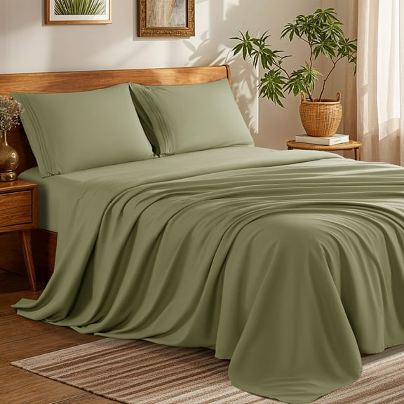 SONORO KATE Bed Sheets Set, 1800 Series Microfiber Deep Pocket 4 Pieces Luxury Soft Sheet Set, King, Sage Green