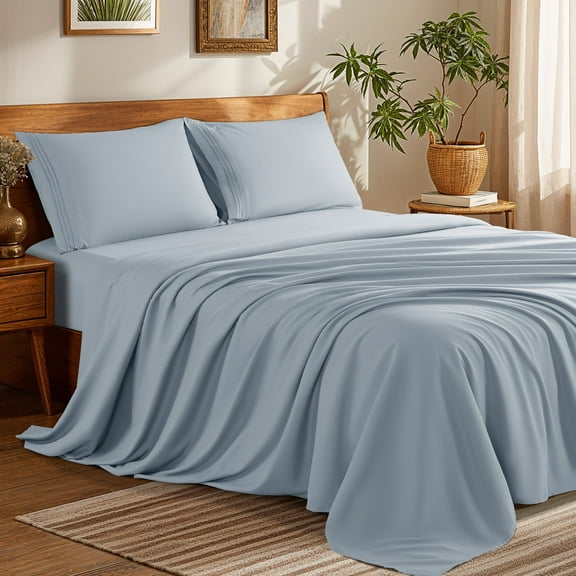 SONORO KATE Bed Sheets Set, 1800 Series Microfiber Deep Pocket 4 Pieces Luxury Soft Sheet Set, King, Sky Blue