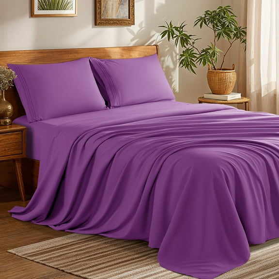 SONORO KATE Bed Sheets Set, 1800 Series Microfiber Deep Pocket 4 Pieces Luxury Soft Sheet Set, Queen, Purple