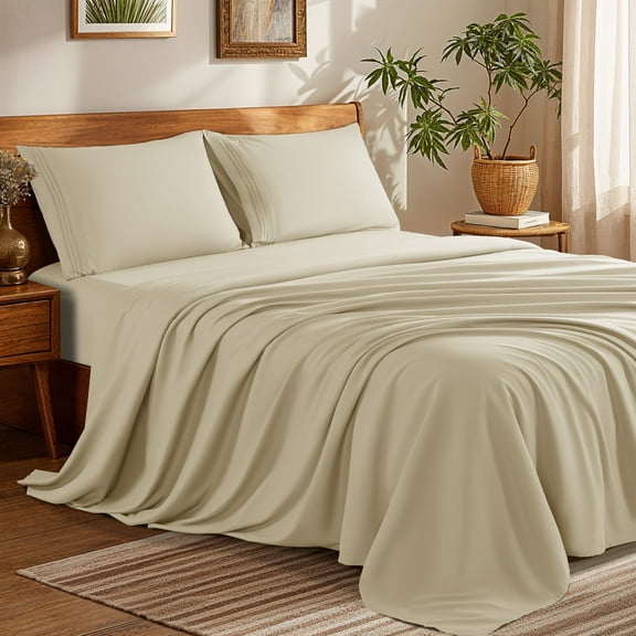 SONORO KATE RV Bed Sheets Set, 1800 Series Microfiber Deep Pocket 4 Pieces Luxury Soft Sheet Set, Short Queen, Beige