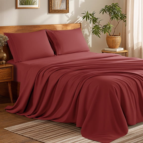 SONORO KATE Bed Sheets Set, 1800 Series Microfiber Deep Pocket 5 Pieces Luxury Soft Sheet Set, Split King, Burgundy