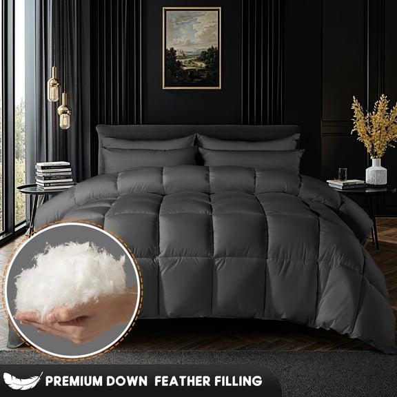 SONORO KATE Down Feather Comforter Duvet Insert with 100% Cotton Cover, Fluffy Quilted Comforter for All Season (California King, Dark Gray)