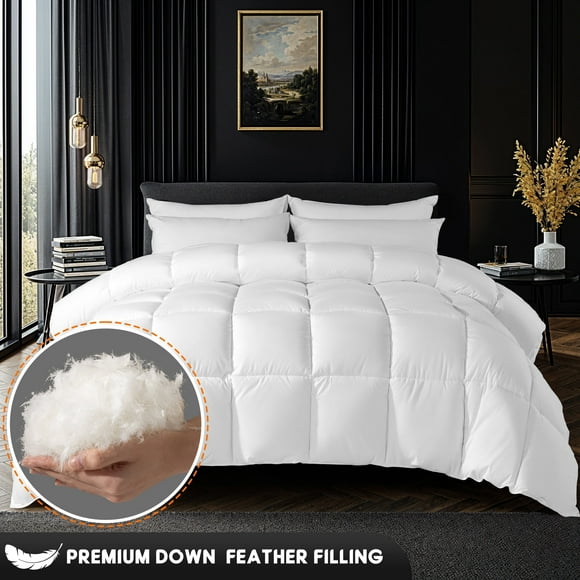 SONORO KATE Down Feather Comforter Duvet Insert with 100% Cotton Cover, Fluffy Quilted Comforter for All Season (Queen, White)