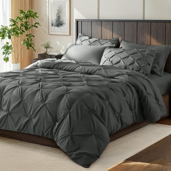 SONORO KATE Full Comforter Set, 7 Pieces Bedding Sets for All Season, Bed in a Bag with Pleated Comforter - Flat Sheet & Fitted Sheet - Pillowcases & Shams, Dark Gray