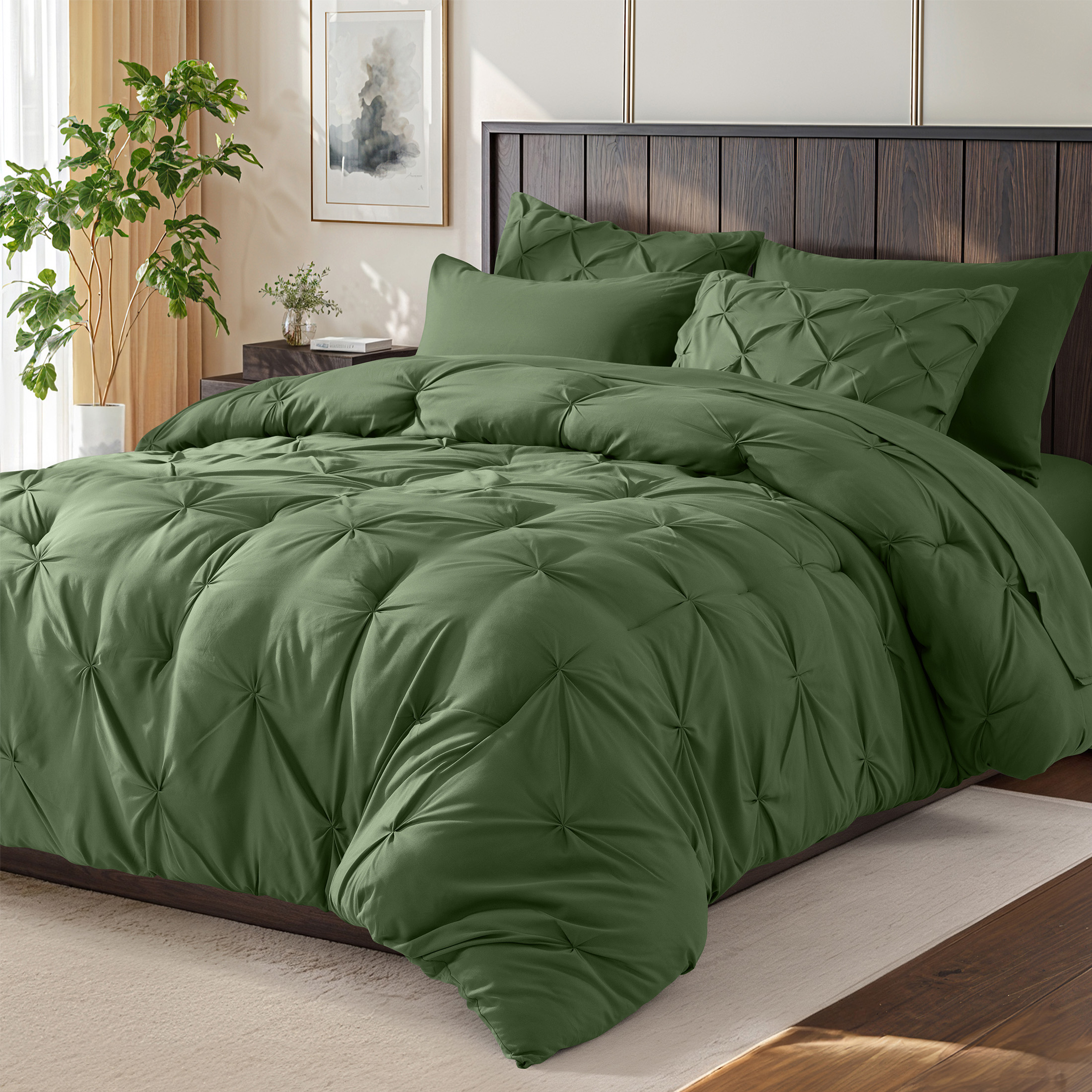 SONORO KATE King Comforter Set, 7 Pieces Bedding Sets for All Season, Bed in a Bag with Pleated Comforter - Flat Sheet & Fitted Sheet - Pillowcases & Shams, Olive Green